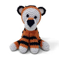 Crochet tiger plush toy, white muzzle, orange-and-black stripes, black ears, sitting