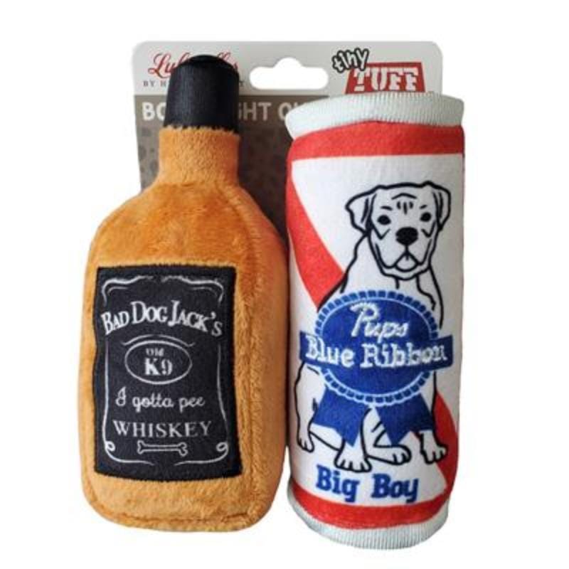 2-pack plush dog toys: brown bottle and red-and-white striped bottle with dog graphics