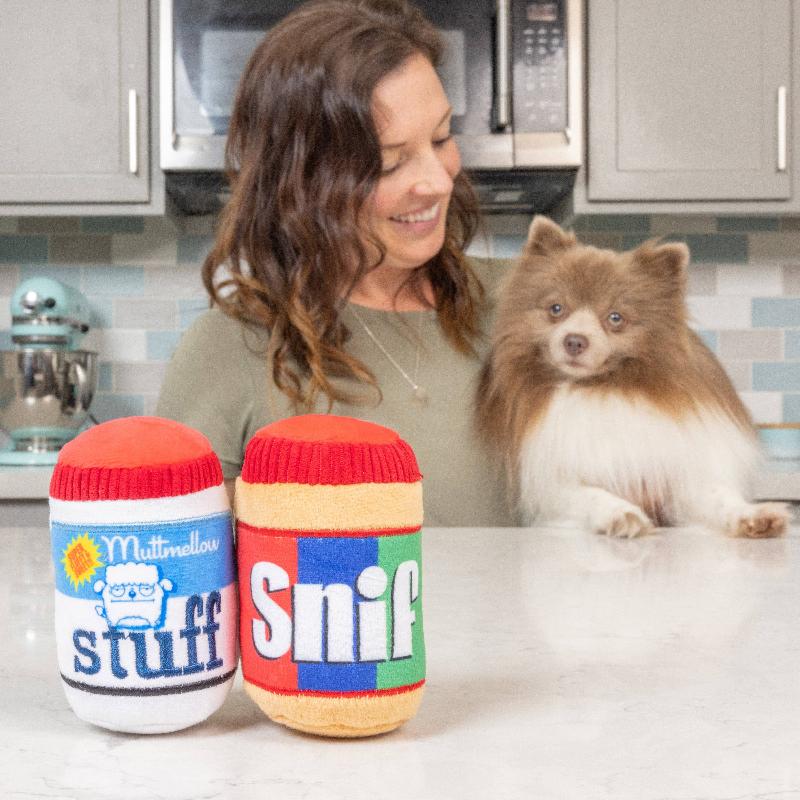 Plush dog toy set (2-pack) showing blue/white and tan/red knit-look stuffed toys