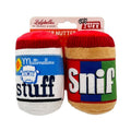 Plush dog toy set (2-pack) with blue-and-white and tan-and-red stuffed nut shapes