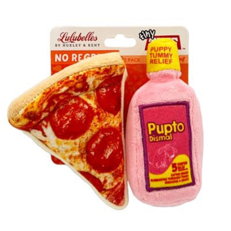 Plush dog toy set: red/yellow taco slice and pink bottle-style plush, 2-pack