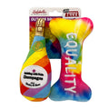 Plush dog toy 2-pack: bottle and bone shapes in rainbow tie-dye fabric