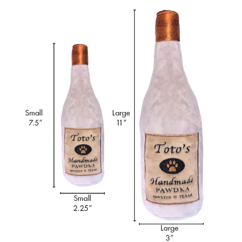 Pawdka plush bottle toy sizes: small 7.5 in and large 11 in, Toto's label