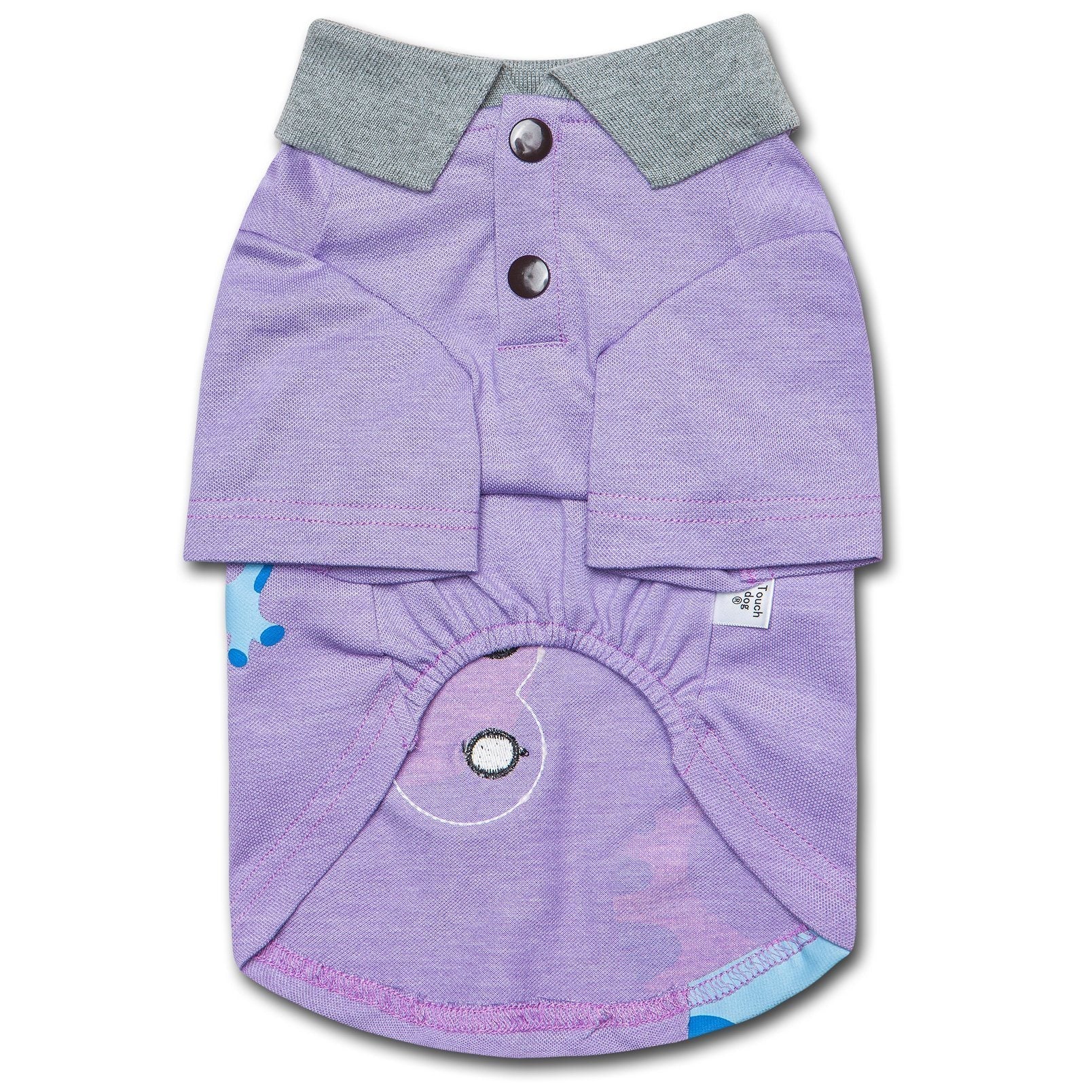Purple dog polo T-shirt with gray collar and back graphic with round dinosaur-face motif