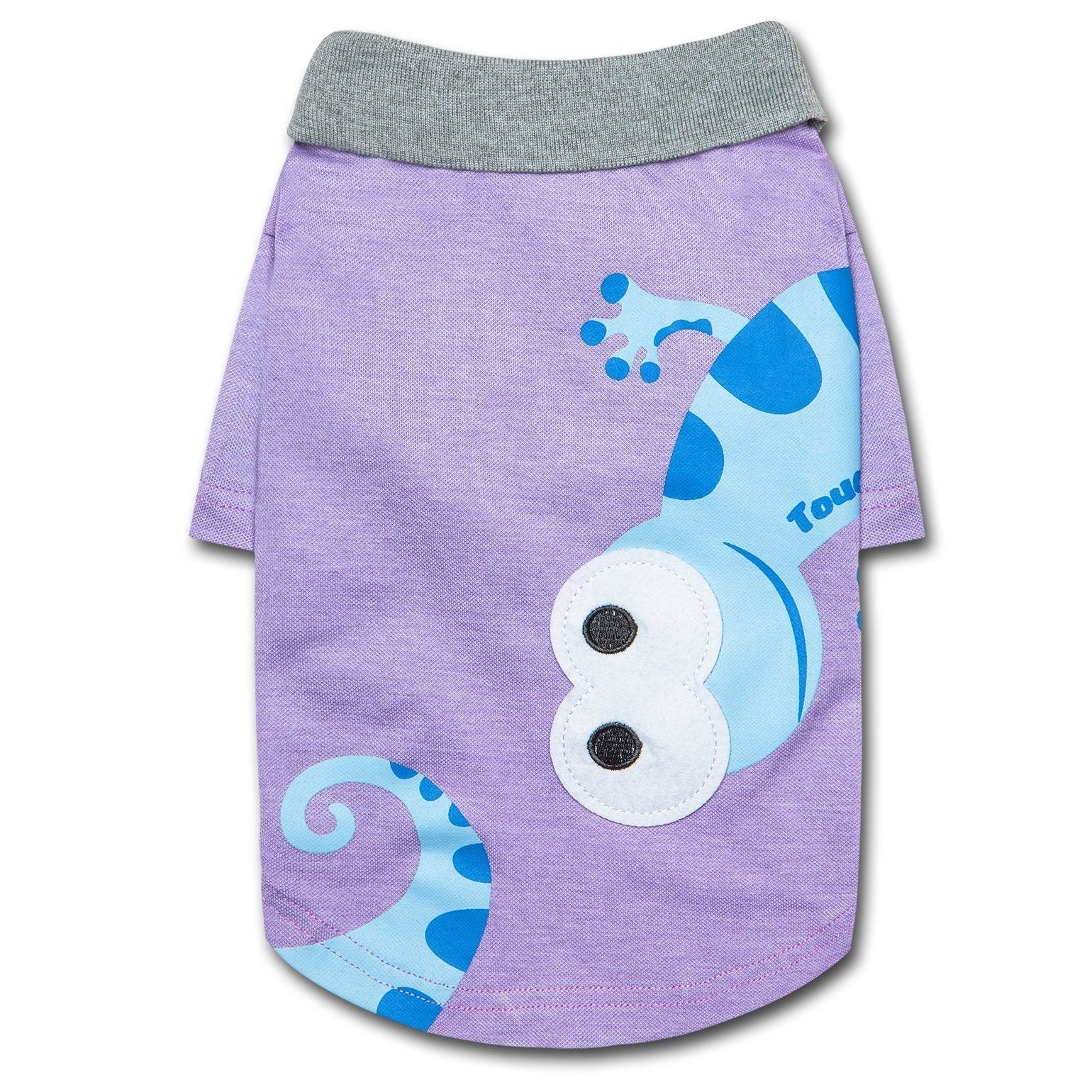 Purple dog polo T-shirt with gray collar and blue raindrop-style dinosaur graphic