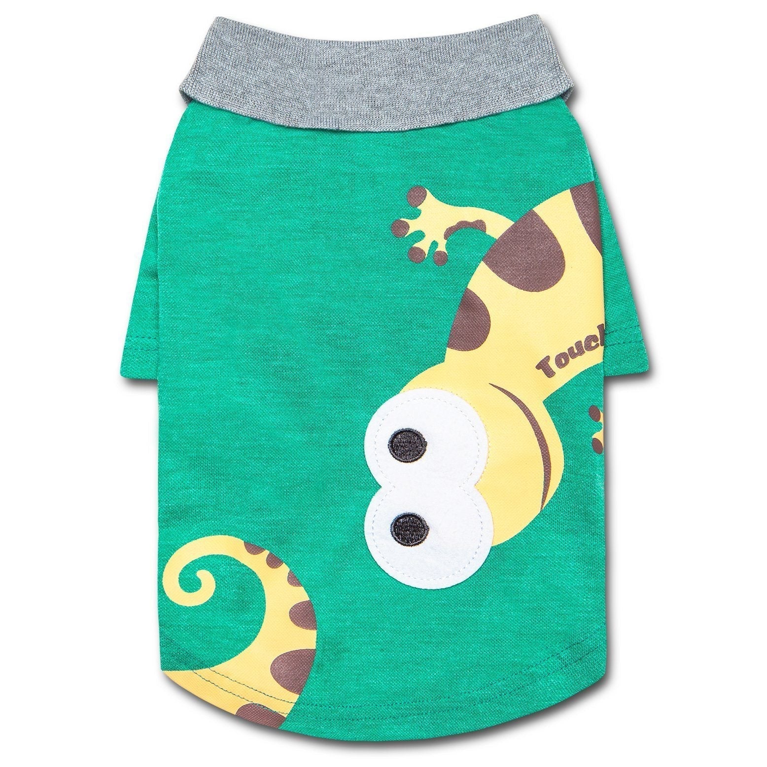 Green dog polo T-shirt with gray collar and large cartoon dinosaur-face print