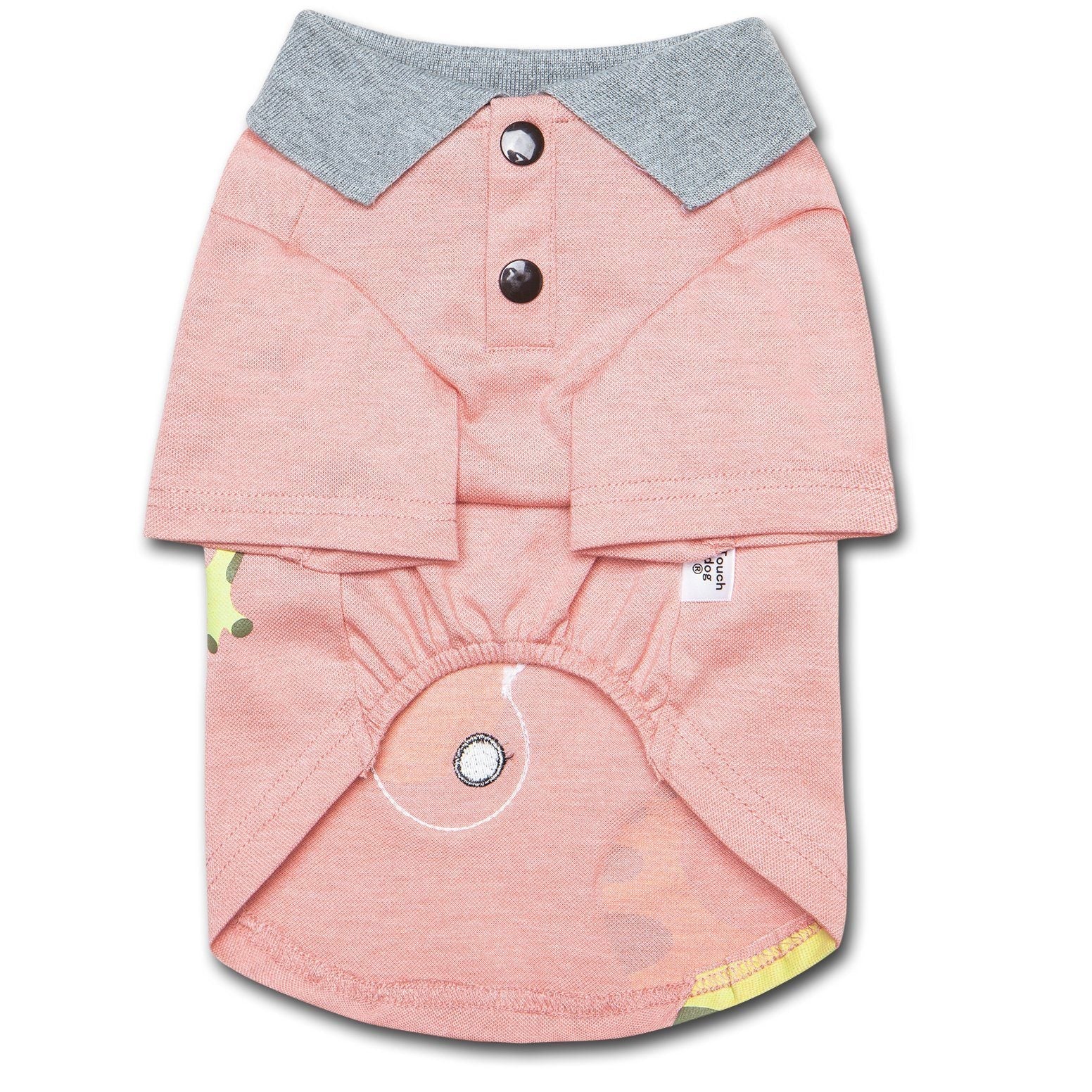 Peach dog polo T-shirt with gray collar, button placket, and dinosaur-face back print