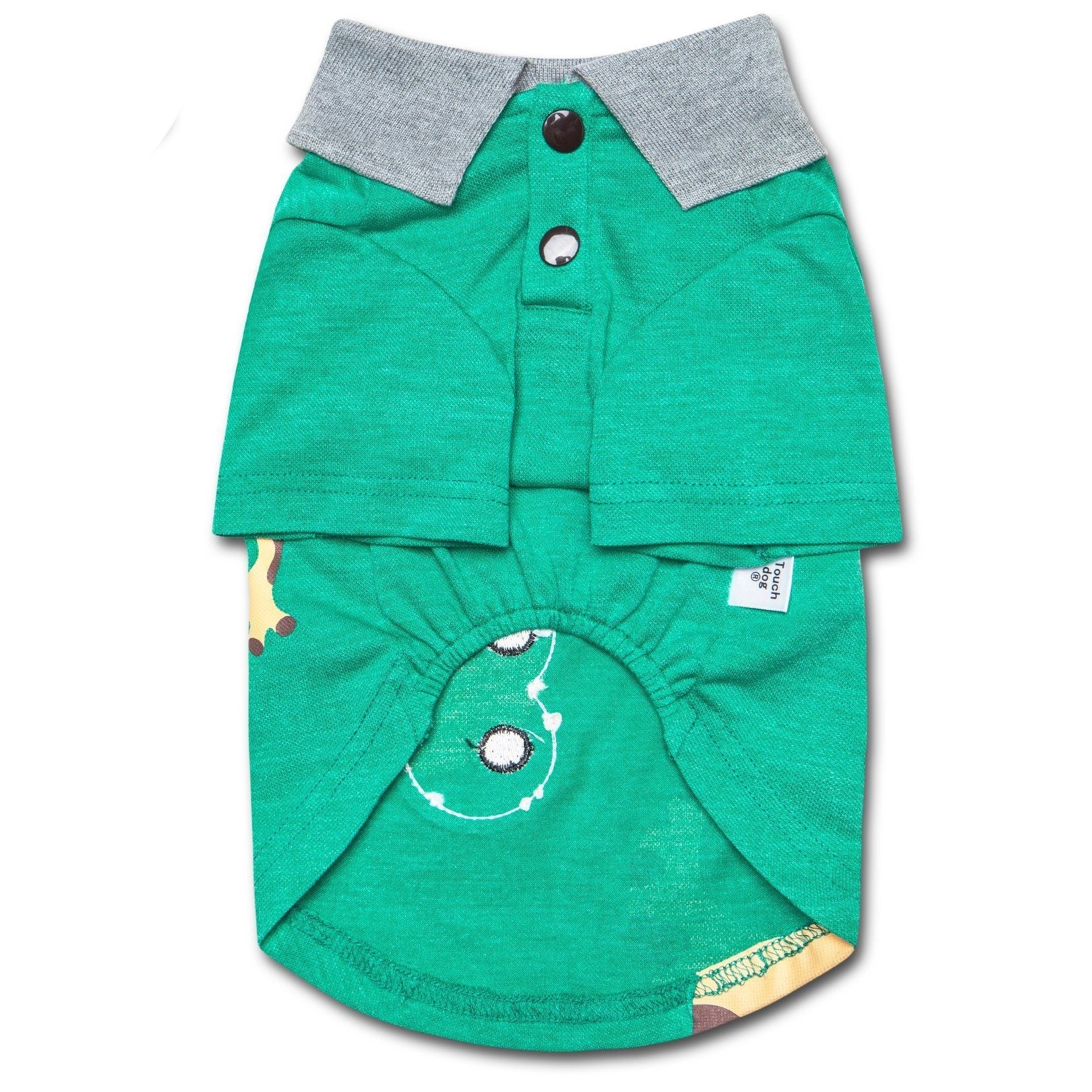 Green dog polo T-shirt with gray collar, snap placket, and cartoon face applique