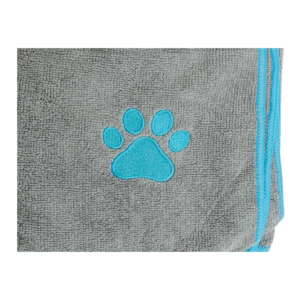 Country Living Large Gray Microfiber Dog Bath Towel with Teal Embroidered Paw Print