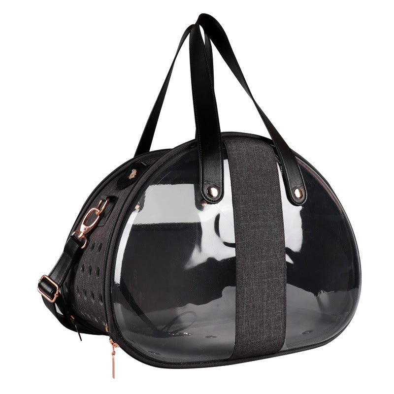 Transparent oval pet backpack in dark charcoal with clear dome and black shoulder straps