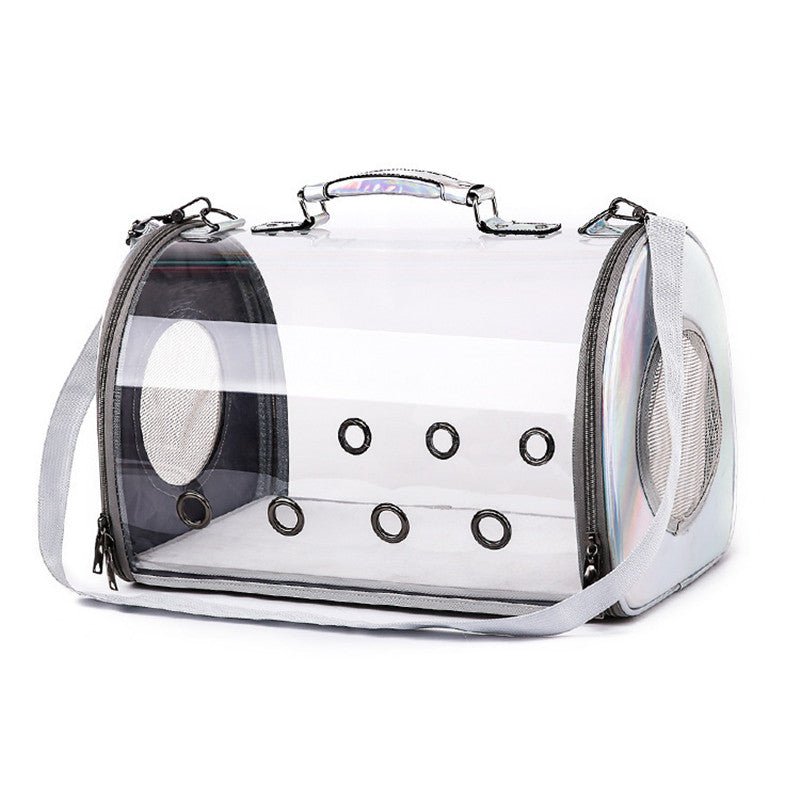 Transparent pet carrier bag with clear front panel, round ventilation holes, top handles