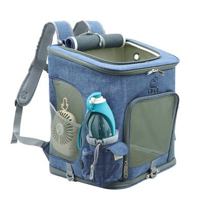 Denim blue transparent cat backpack with clear front window, mesh side panels, side pockets
