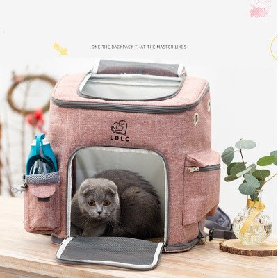 Light pink transparent pet cat backpack with front mesh window and top flap