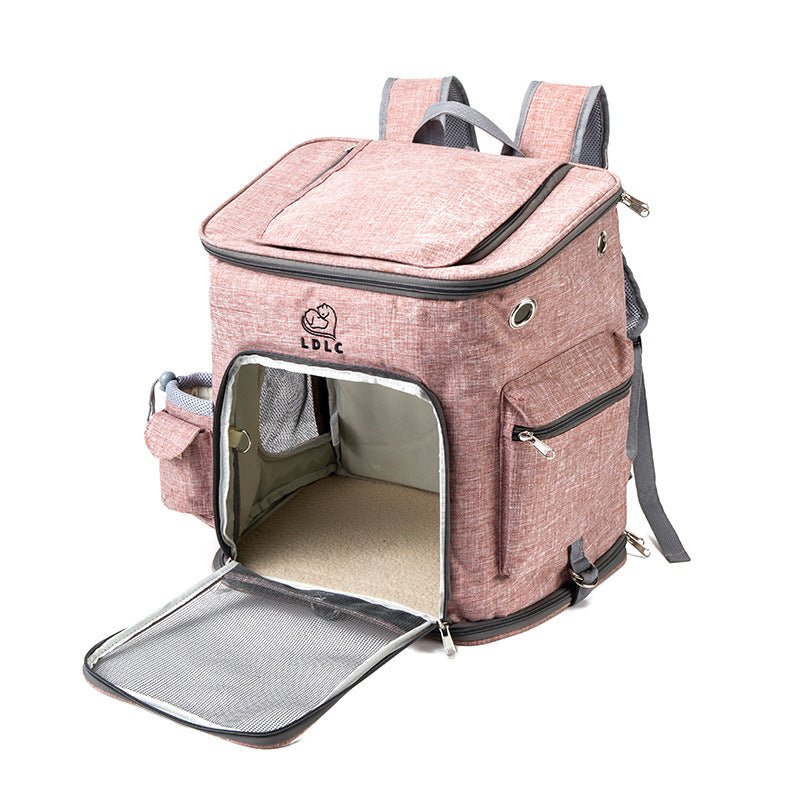 Light pink transparent cat backpack with clear front window, mesh side panels, open front door