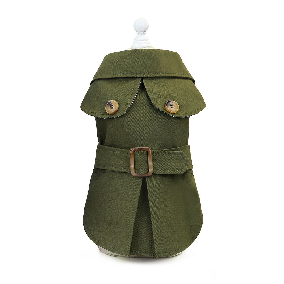 Green dog coat back view with flap collar, snap buttons, and brown belt buckle
