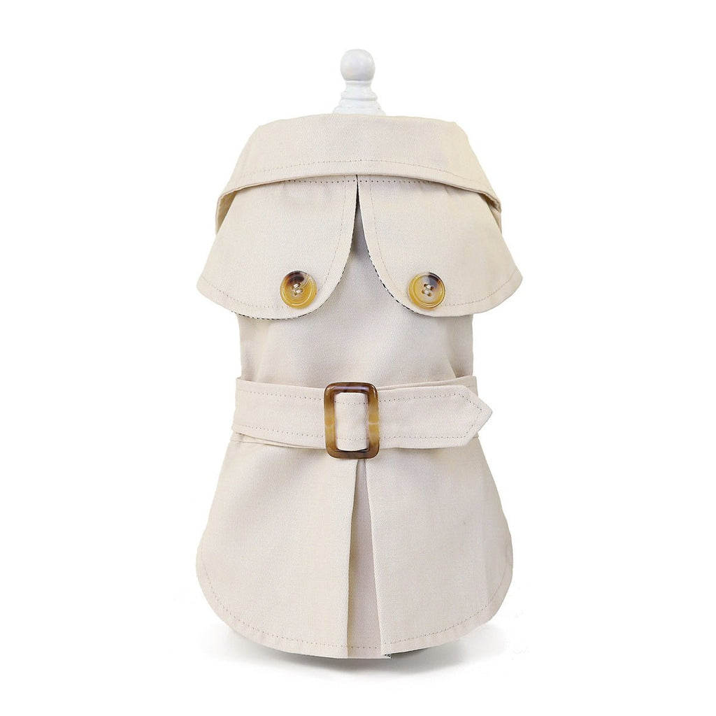 Beige dog coat back view with snap buttons, flap collar, and brown belt buckle