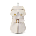 Beige dog coat back view with snap buttons, flap collar, and brown belt buckle