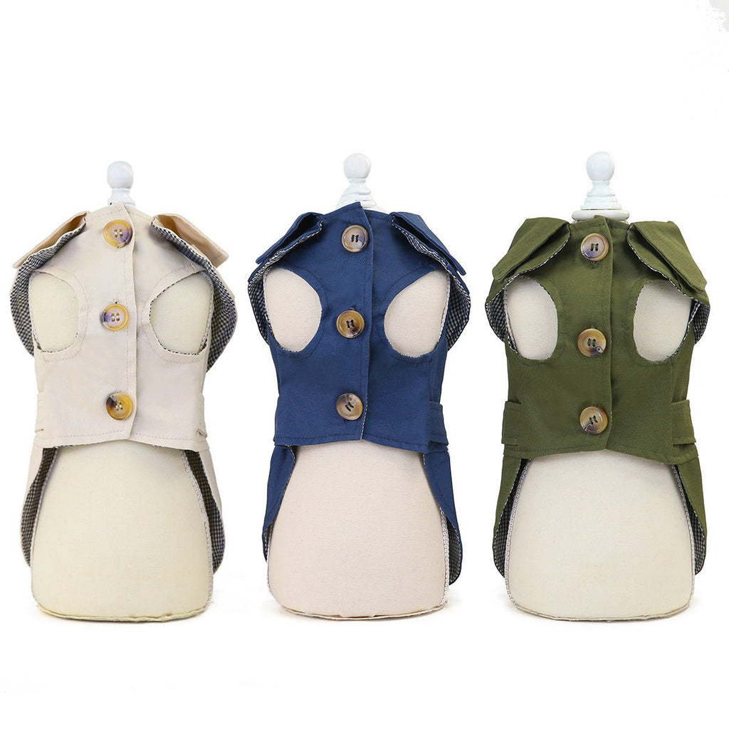 Dog vest-style coats in beige, navy, and green with snap buttons and straps