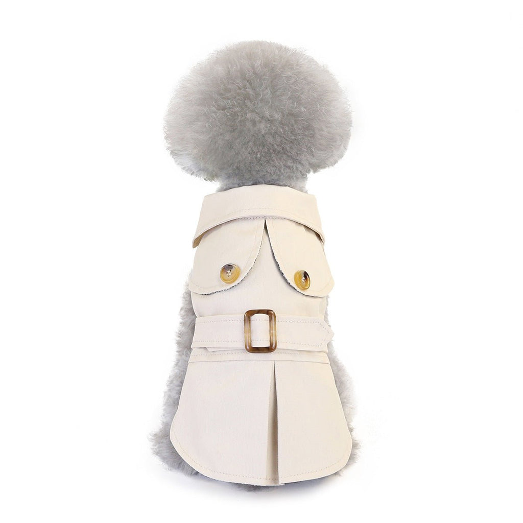 Cream dog coat back view with stand collar, snap buttons, buckled belt