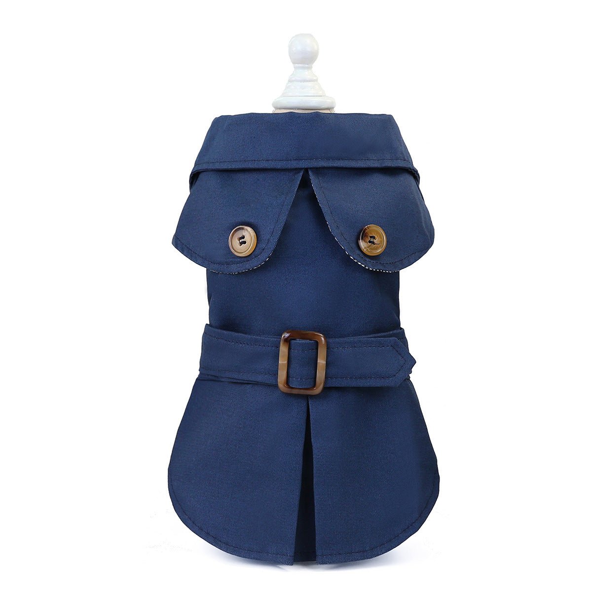 Navy dog coat back view with snap buttons, flap collar, and bronze belt buckle