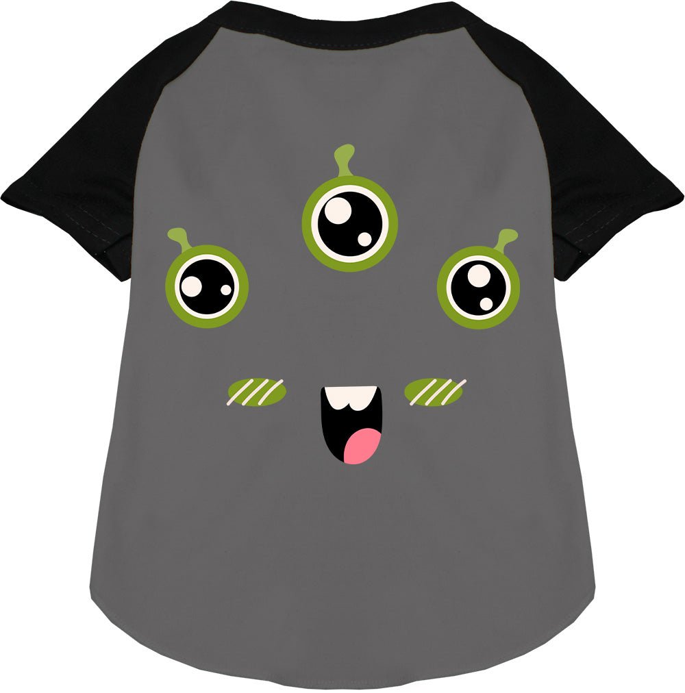 Pet raglan T-shirt, dark gray with black sleeves and green monster face print