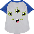 Pet raglan T-shirt, light gray with blue sleeves and green monster face graphic