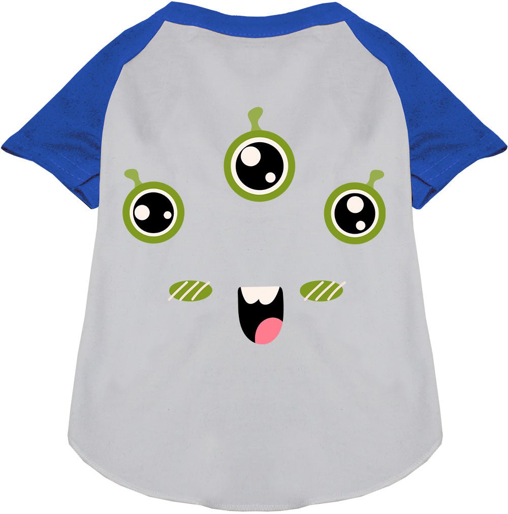Pet raglan T-shirt, light gray with blue sleeves and green monster face graphic