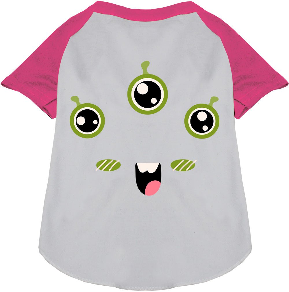 Pet raglan T-shirt, light gray body with pink sleeves and green monster face print