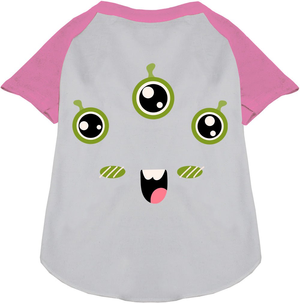 Pet raglan T-shirt, light gray body with magenta sleeves and green monster face