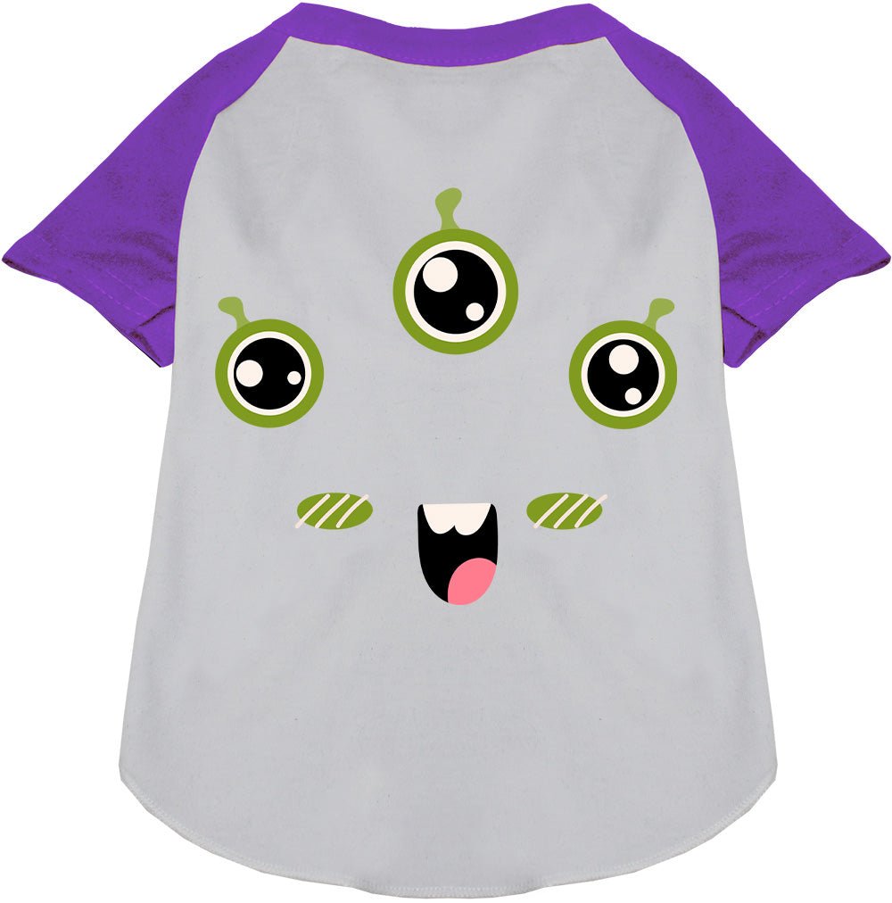 Pet raglan T-shirt, light gray body with purple sleeves and green monster face graphic