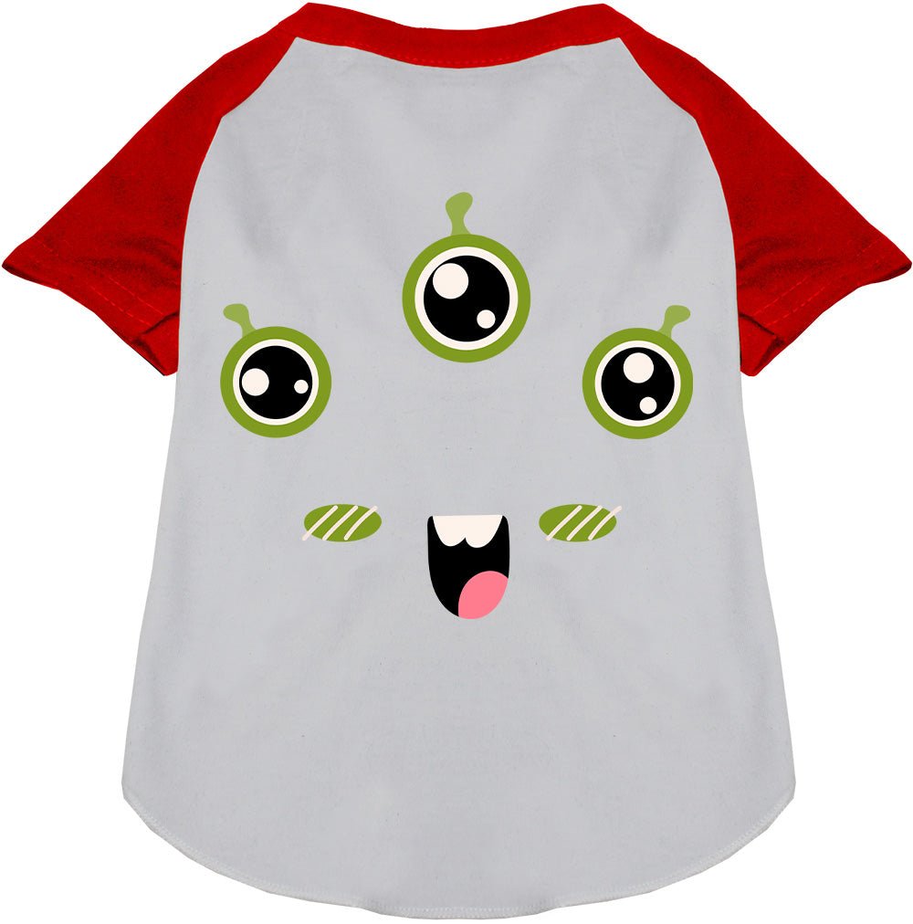 Pet raglan T-shirt, light gray body with red sleeves and green monster face print