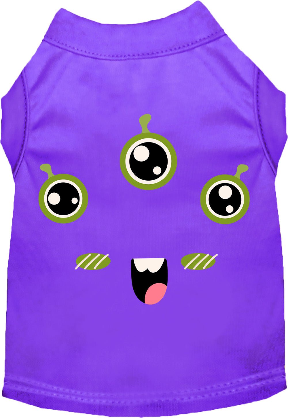 Purple pet monster costume shirt with three cartoon eyes and open mouth graphic