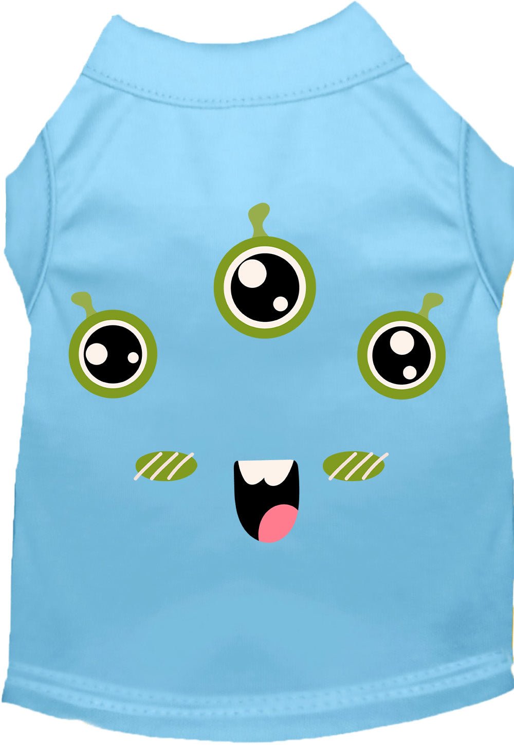 Light blue pet monster costume shirt with three cartoon eyes and open mouth graphic
