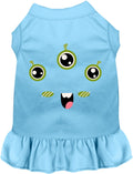 Light blue Halloween pet dress with cartoon monster face, green eyes, ruffled skirt