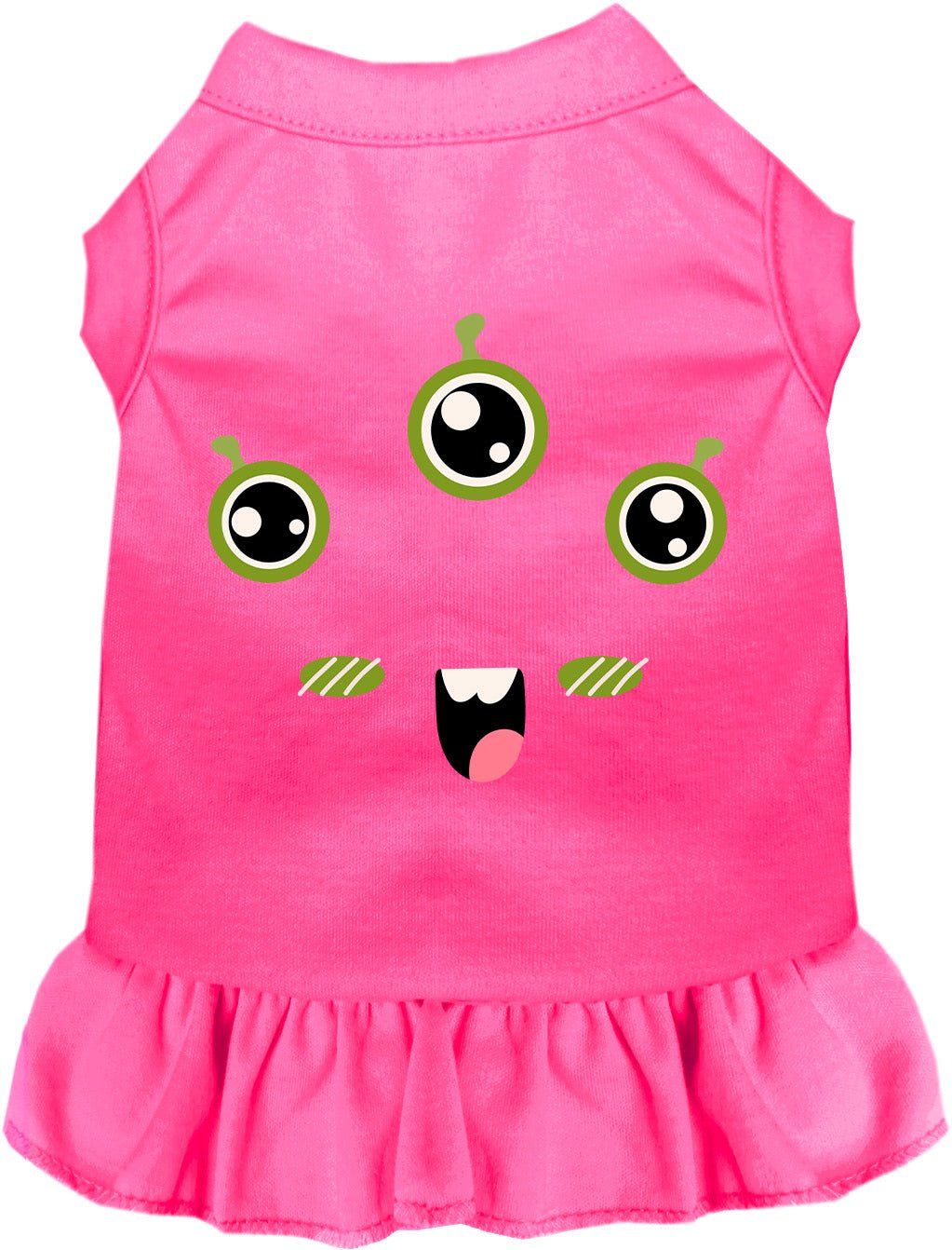 Bright pink Halloween pet dress with cartoon monster face, green eyes, ruffled skirt