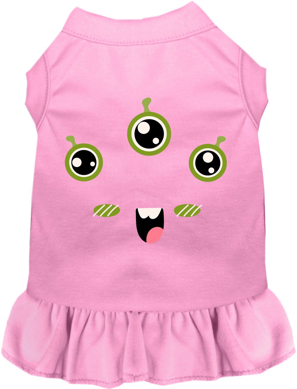 Light pink Halloween pet dress with cartoon monster face, green eyes, ruffled skirt