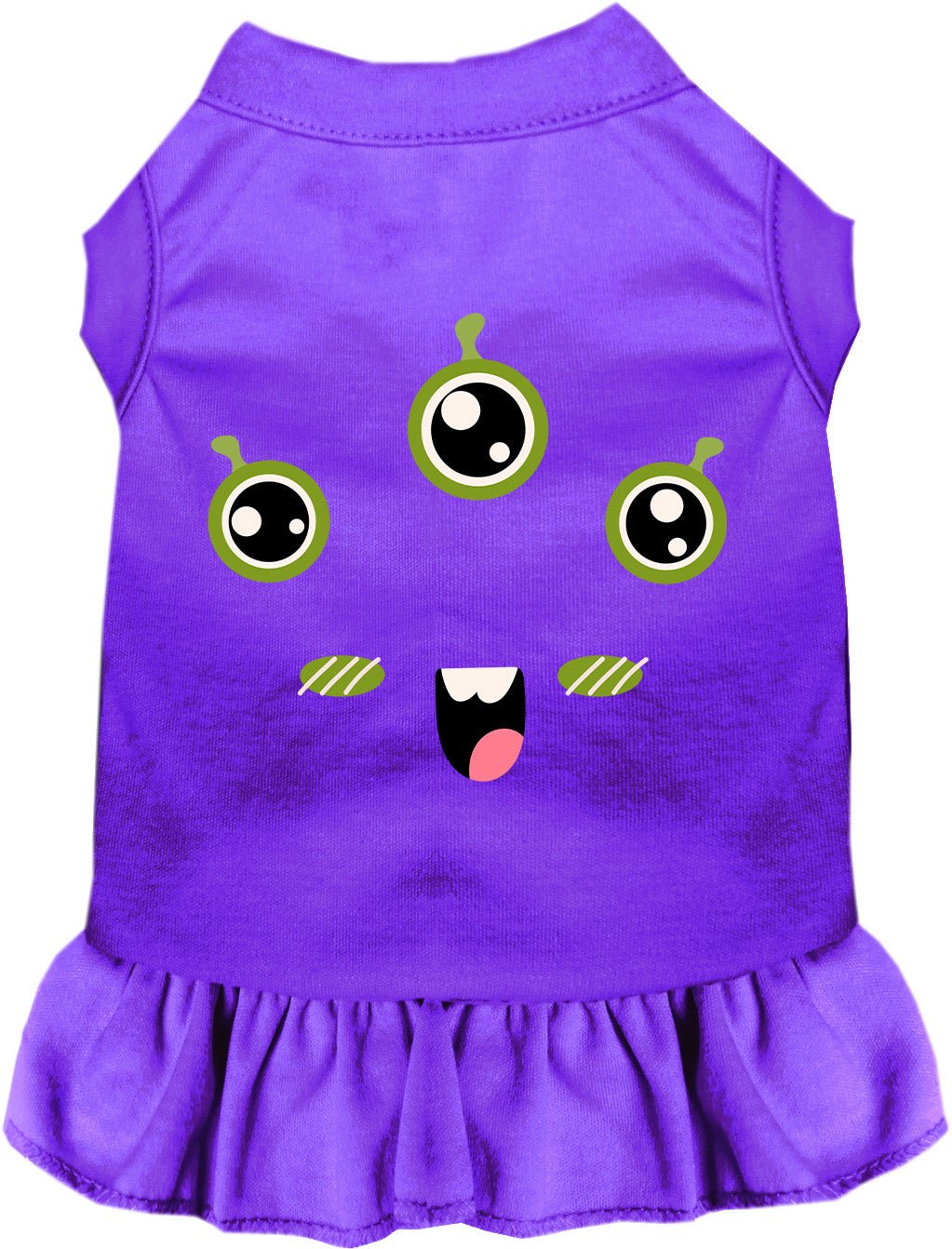 Purple Halloween pet dress with cartoon monster face, green eyes, ruffled hem