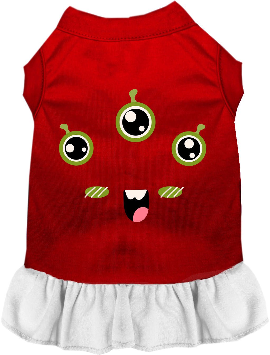 Red and white Halloween pet dress with cartoon monster face, ruffled white skirt