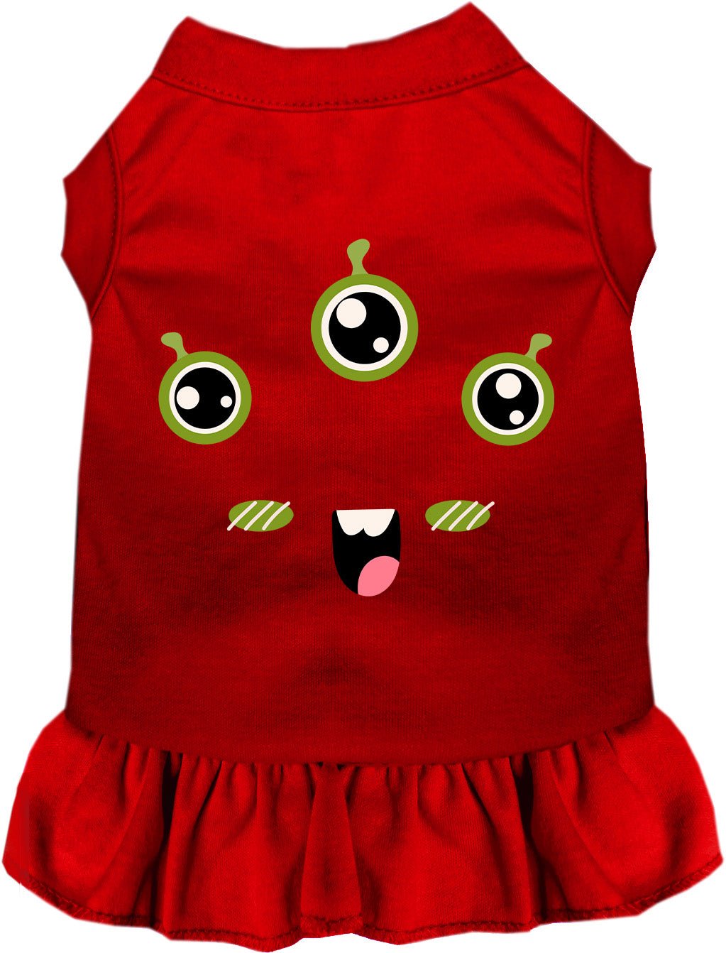 Red Halloween pet dress with cartoon monster face and green eyes, ruffled hem