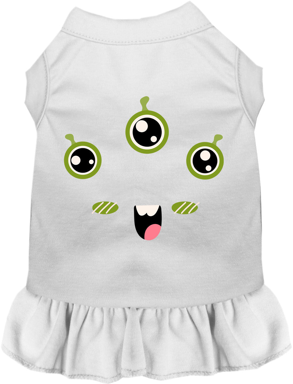 White Halloween pet dress with cartoon monster face, green eyes, ruffled skirt