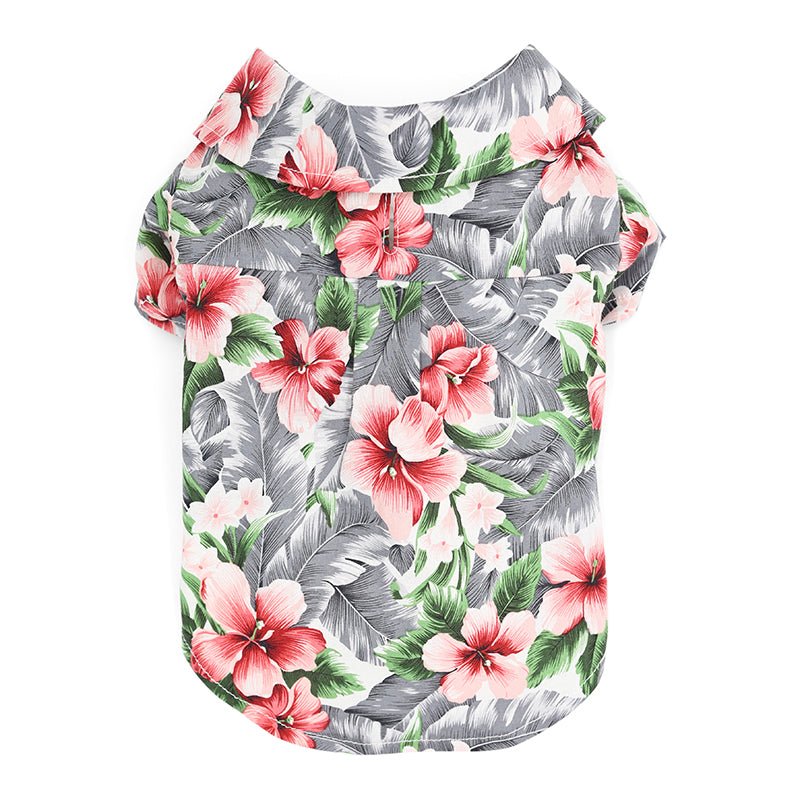 Tropical floral pet shirt on a flat view, gray with pink hibiscus and green leaf print
