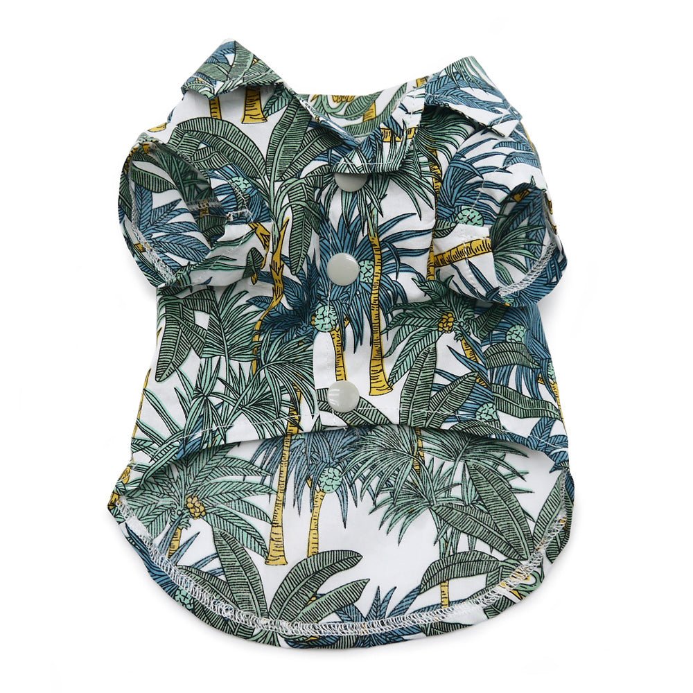 Leaf-print pet shirt with round buttons and collar, blue-green-and-white tropical design