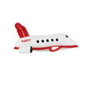Durable white-and-red airplane-shaped dog toy with Tuffy logo and dotted windows