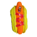Plush hot dog dog toy with cartoon face, wrapped in yellow bun and red straps