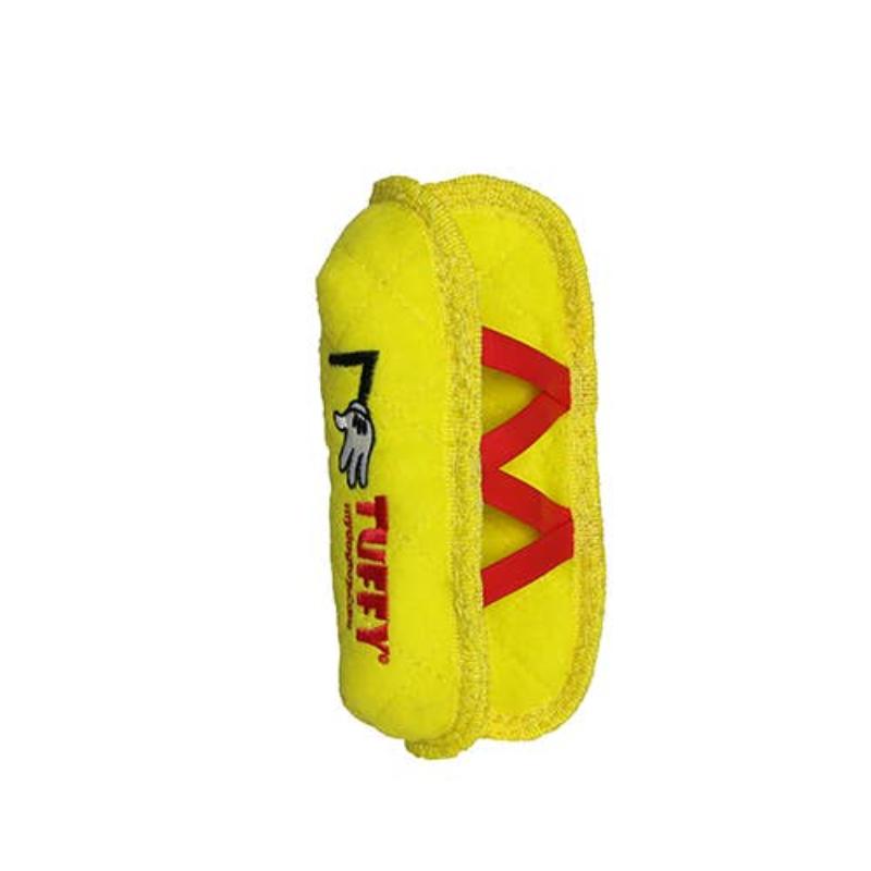 Yellow plush hot dog bun toy with red dinosaur-mouth graphic and side text