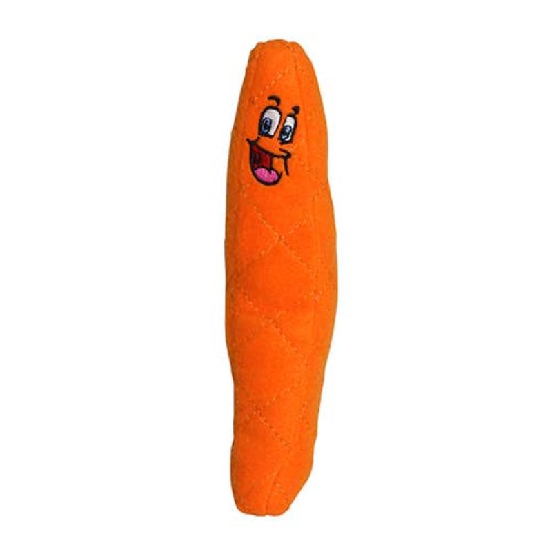 Orange plush hot dog dog toy with small cartoon face on front