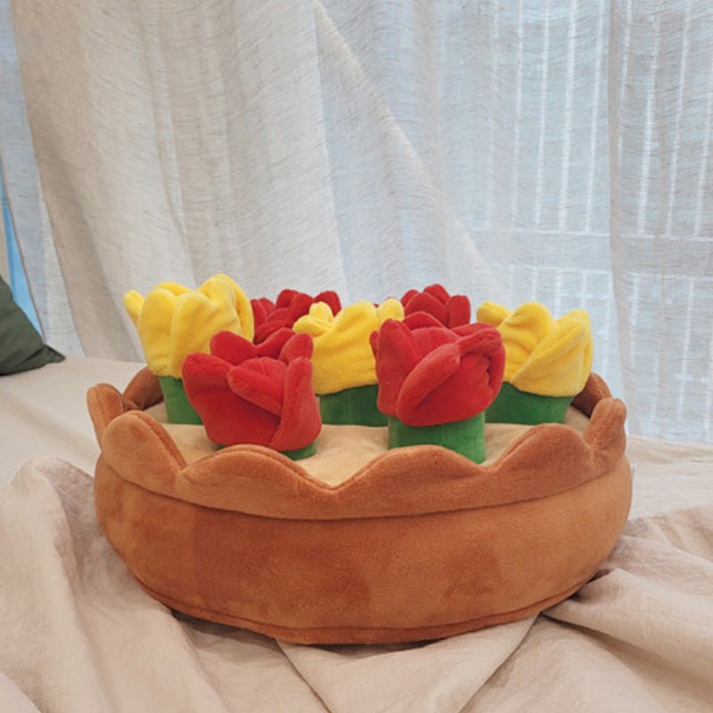 Brown plush tulip food-hide bowl with red and yellow tulip inserts and green bases