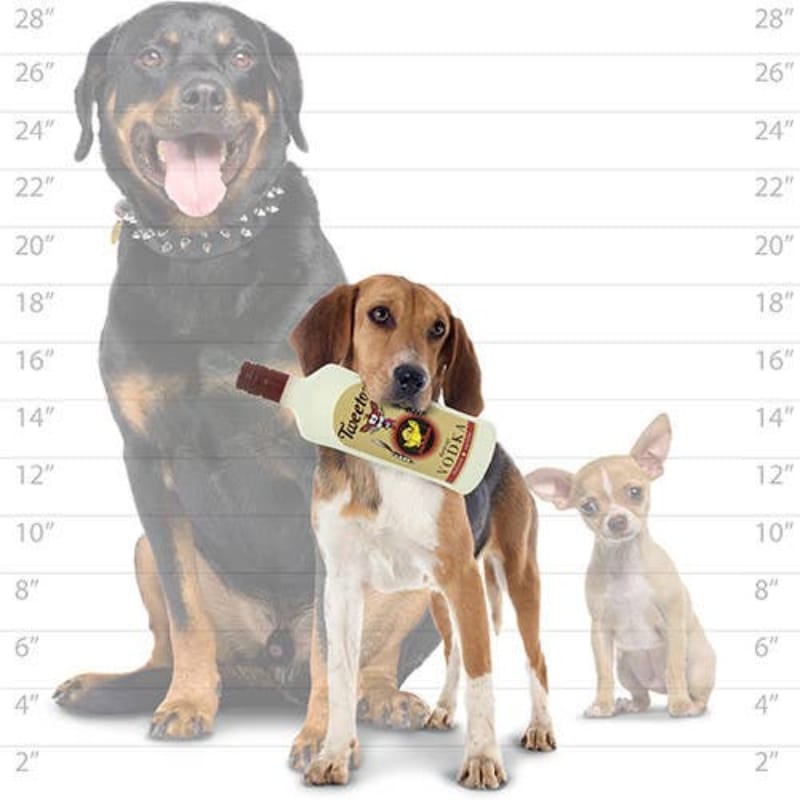Vinyl dog bottle squeaker toy with Tweetos Vodka label held by two dogs