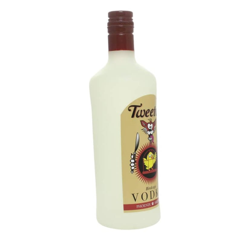 Vinyl dog bottle squeaker toy, Tweetos Vodka label on light bottle with brown cap