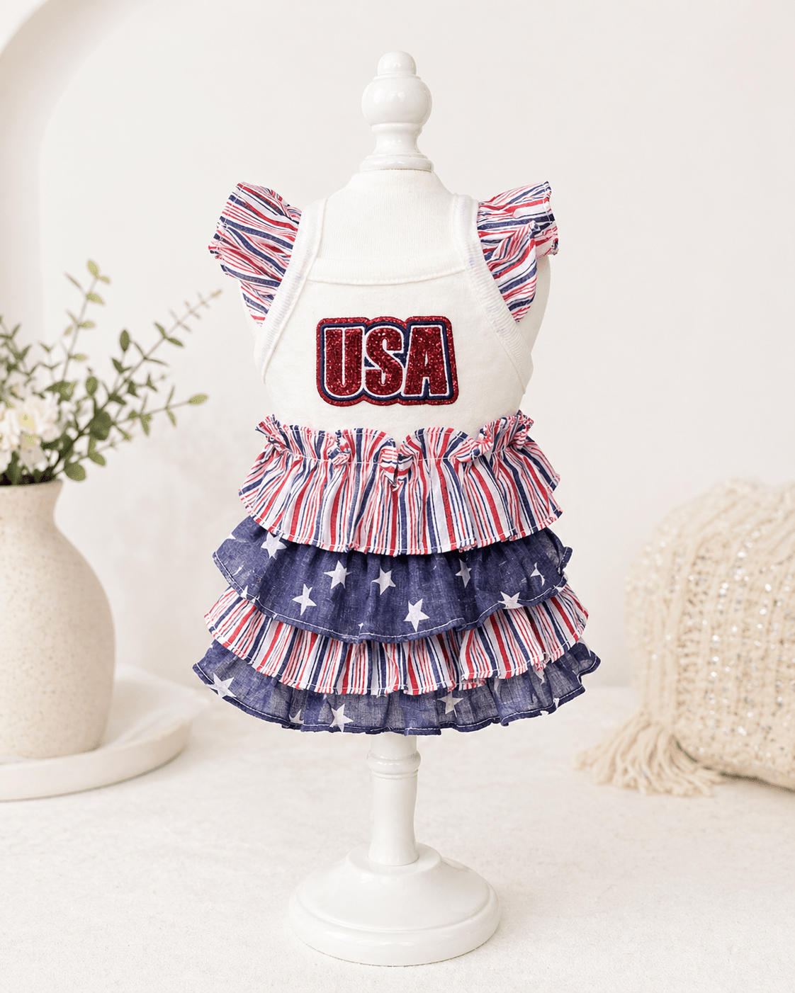 USA Flag Patriotic Dog Dress for 4th of July Fursace Luxury Dog Plush Toy - Blue Red Squeaky | Cookies Wagging Friends Boutique Cookies Wagging Friends Boutique